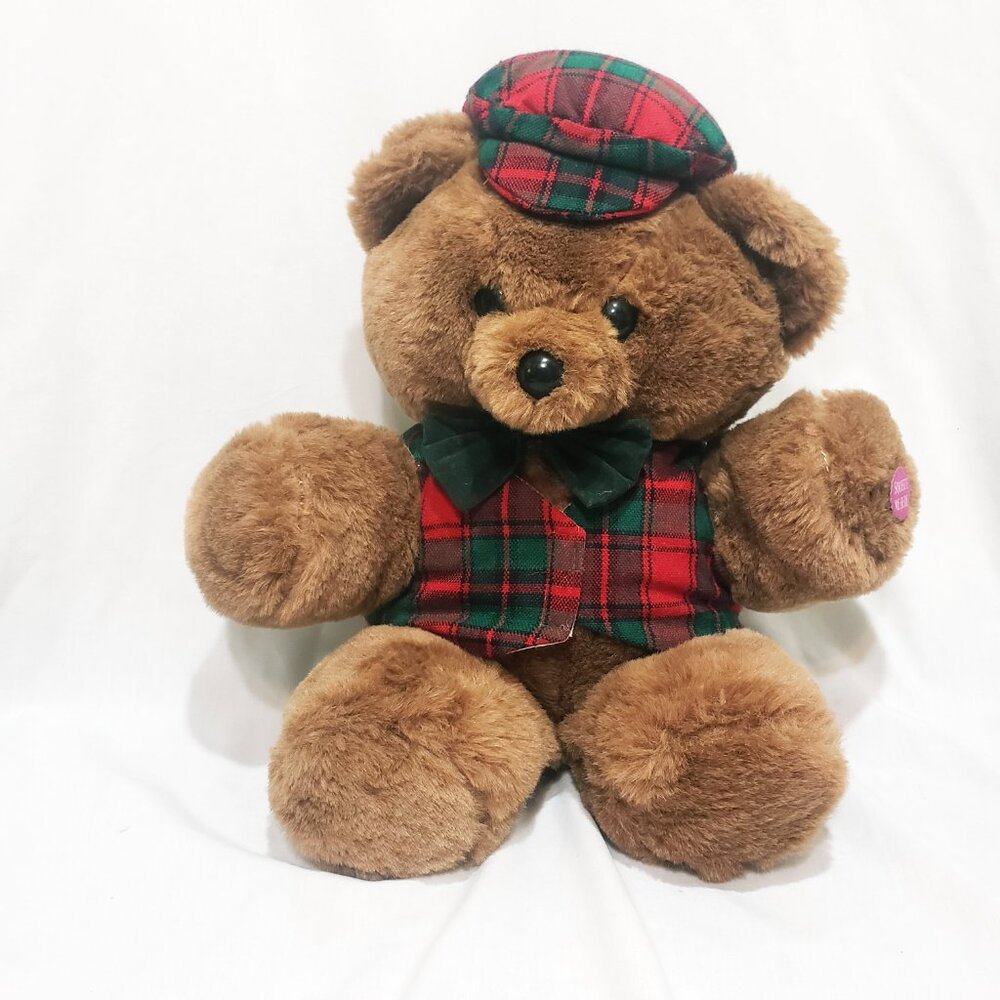 Deluxe Playthings Vintage Teddy Bear Brown Plaid Vest 12" Plush Stuffed Animal
